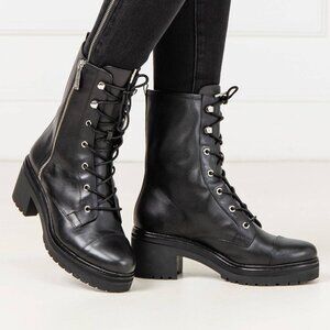 Michael Kors Anaka Black Leather Combat Platform Boots with Chrome MK